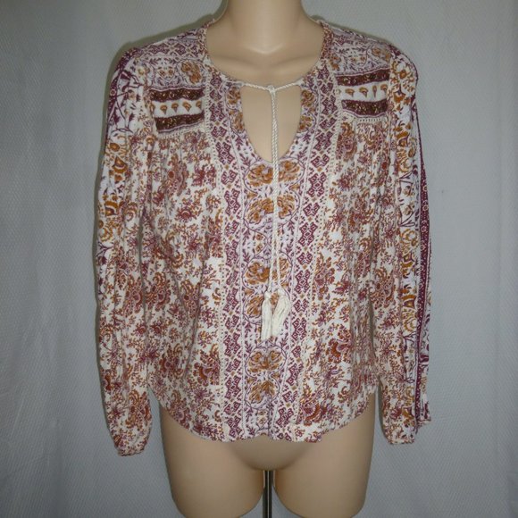 Lucky Brand Beaded Print Peasant Top SZ S/P - Picture 1 of 5